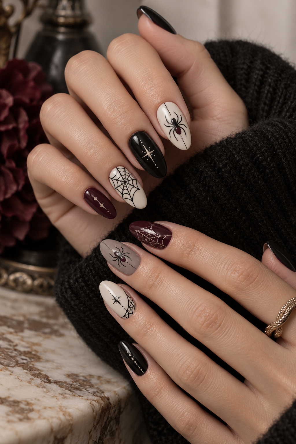 witchy halloween nails: black and white spider nails