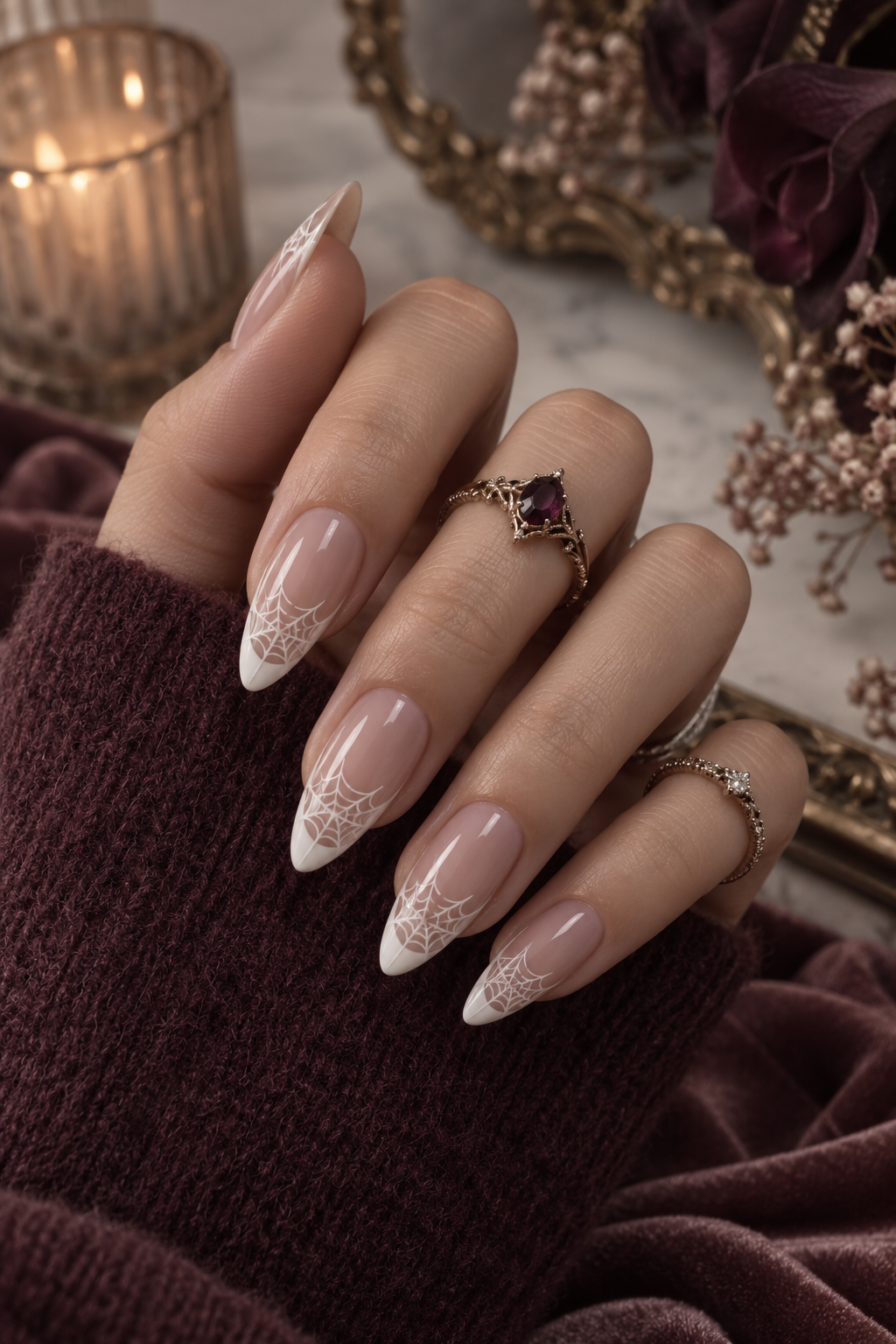 witchy halloween nails: spiderweb french nails