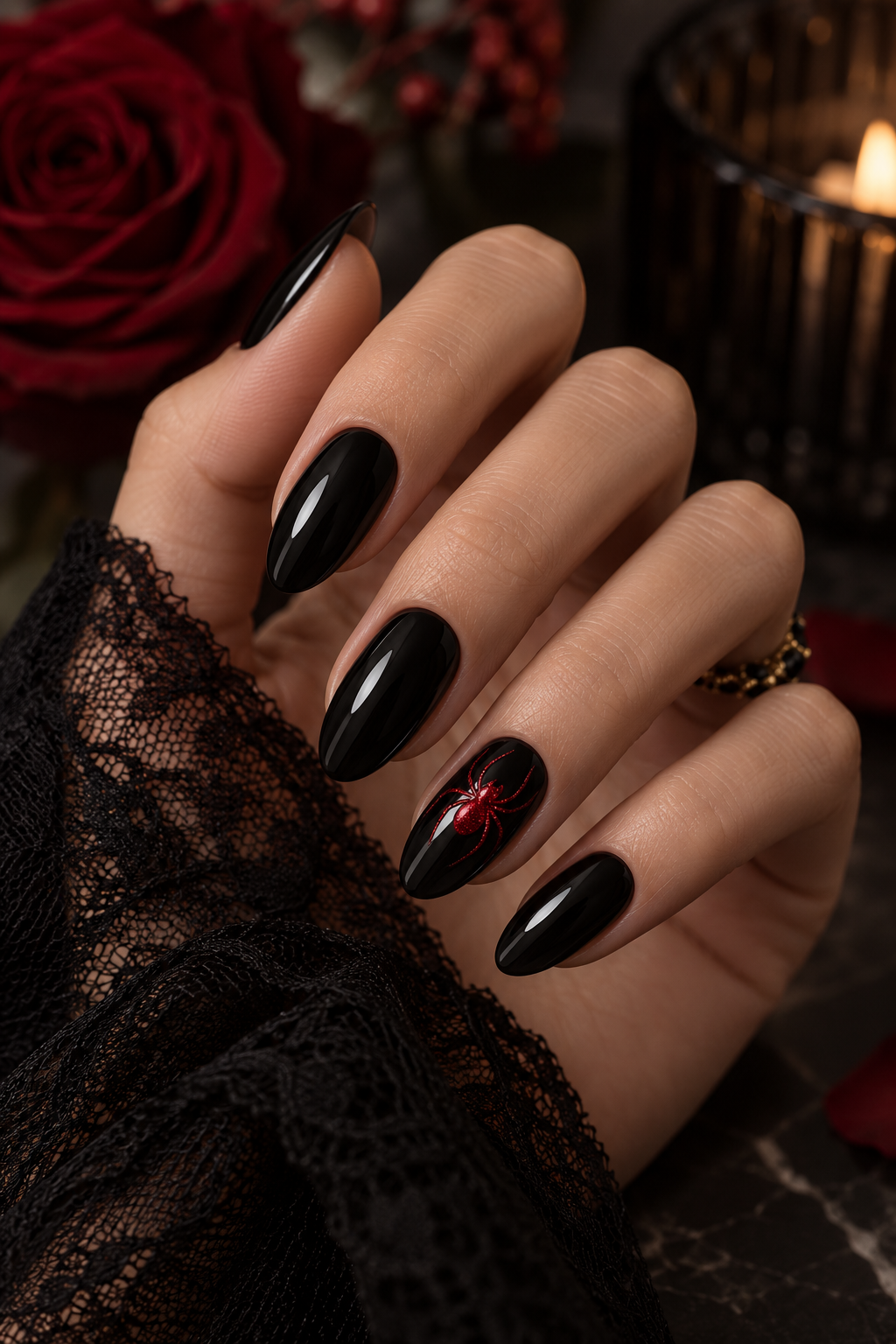 witchy halloween nails: black nails with one red spider