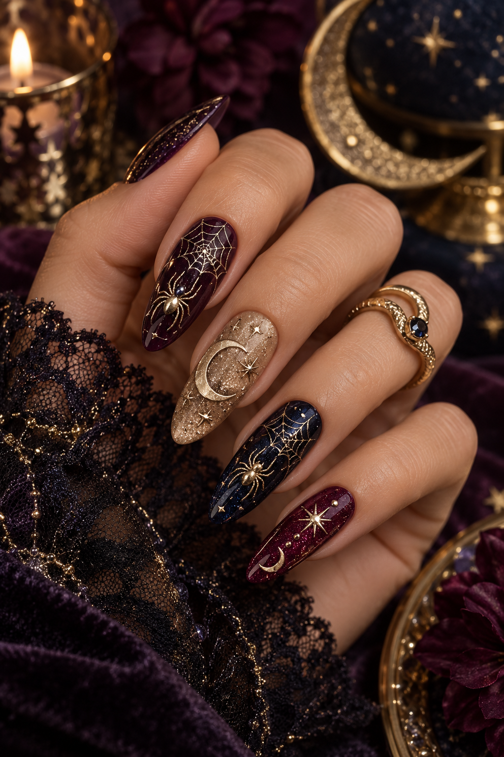 witchy halloween nails: celestial spider nails
