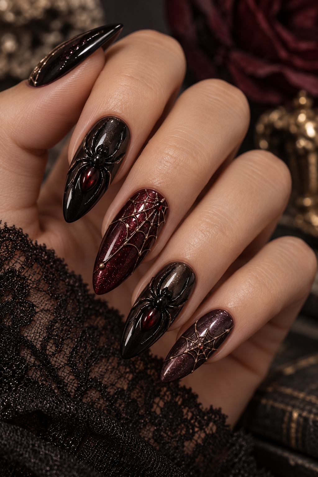witchy halloween nails: 3d black widow nails