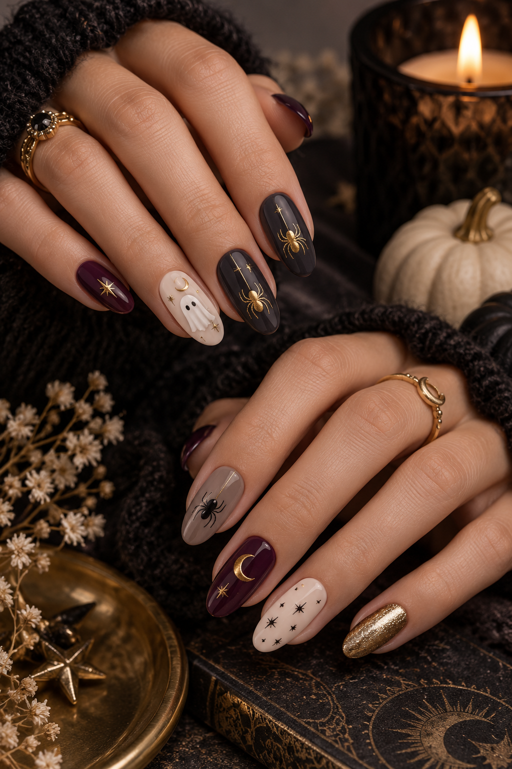 witchy Halloween nails moonlit black and silver
