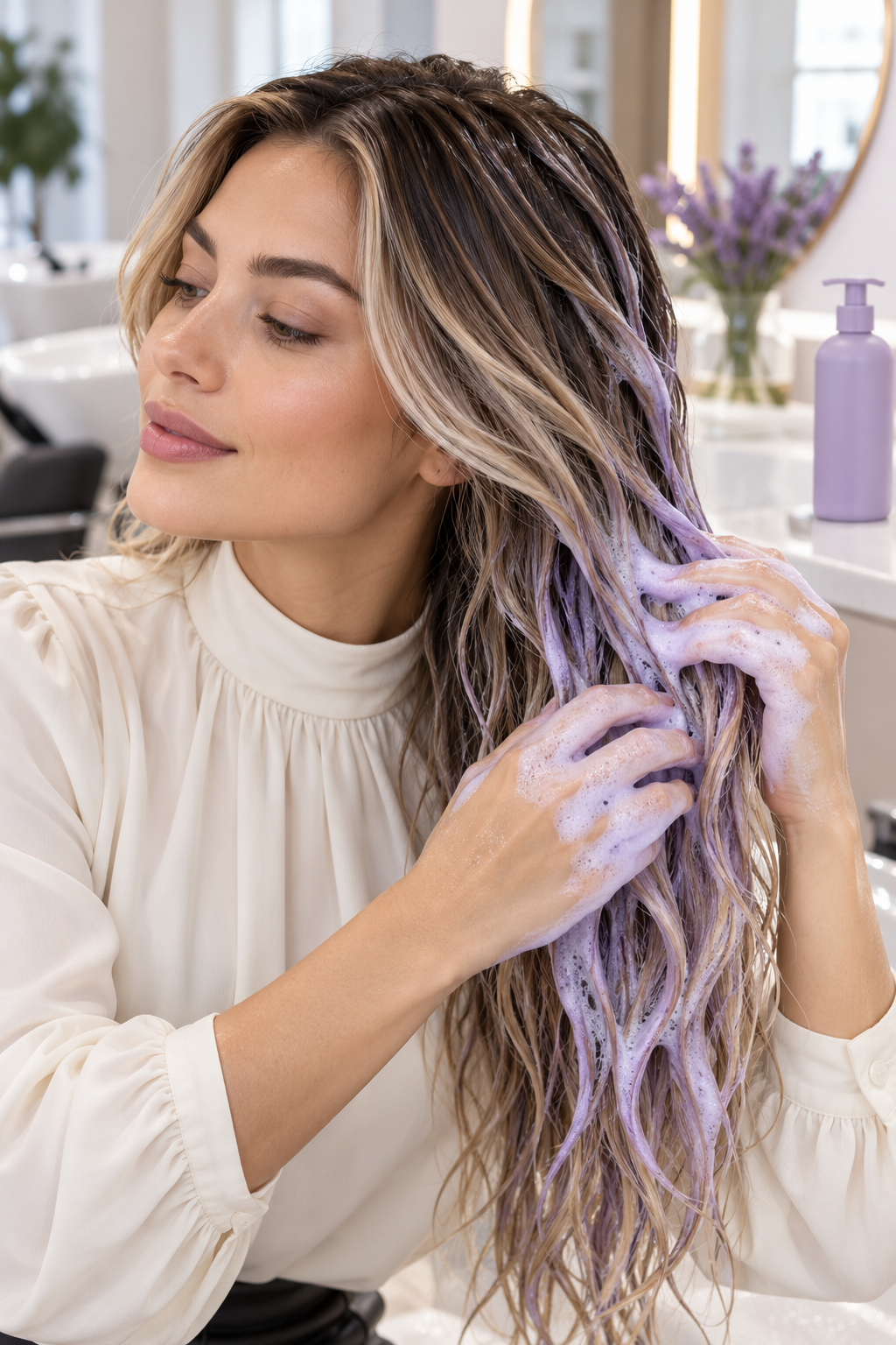 Use purple shampoo carefully for balayage hair care