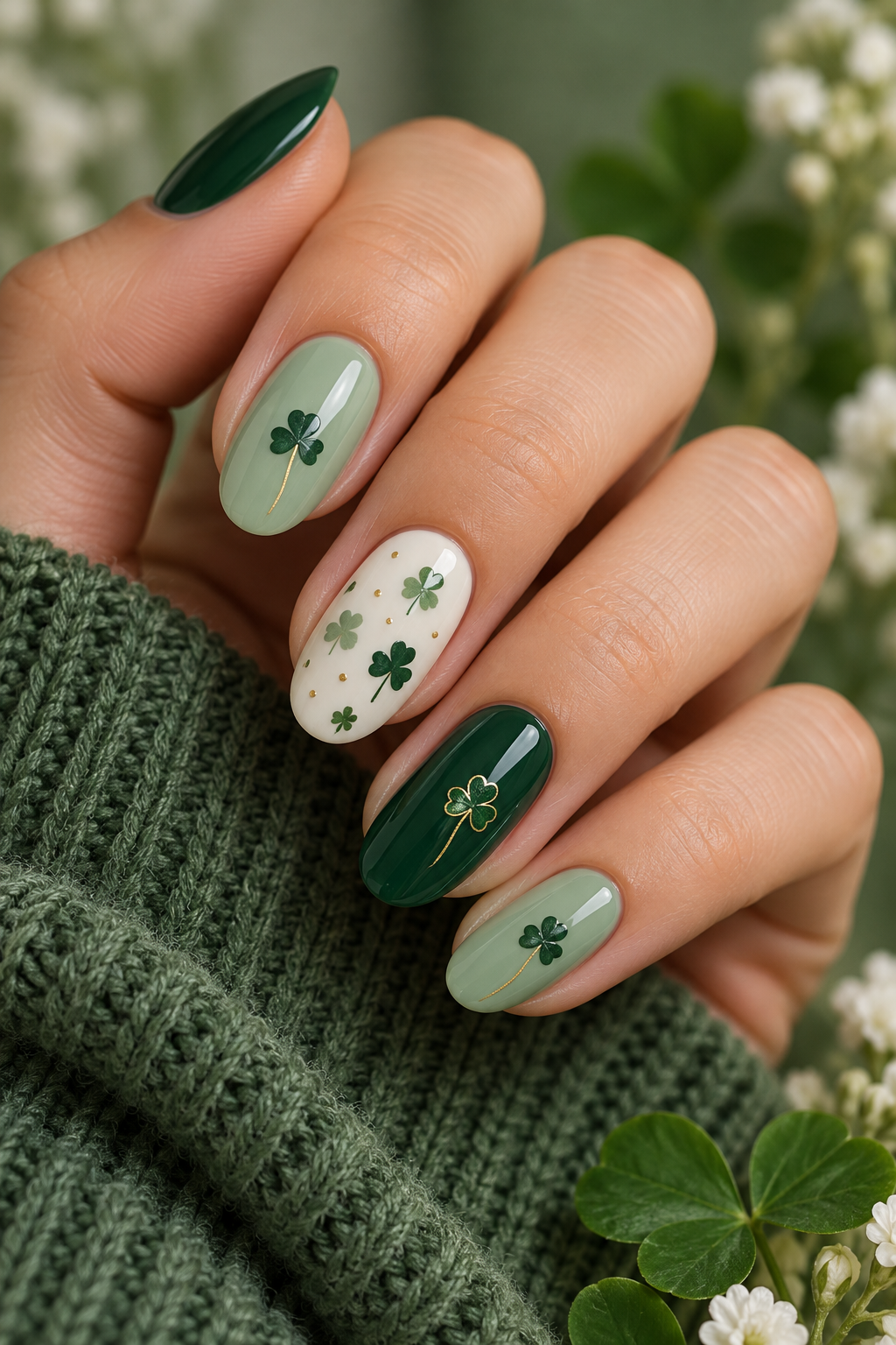 Tiny Shamrock Accents st patricks day nail ideas