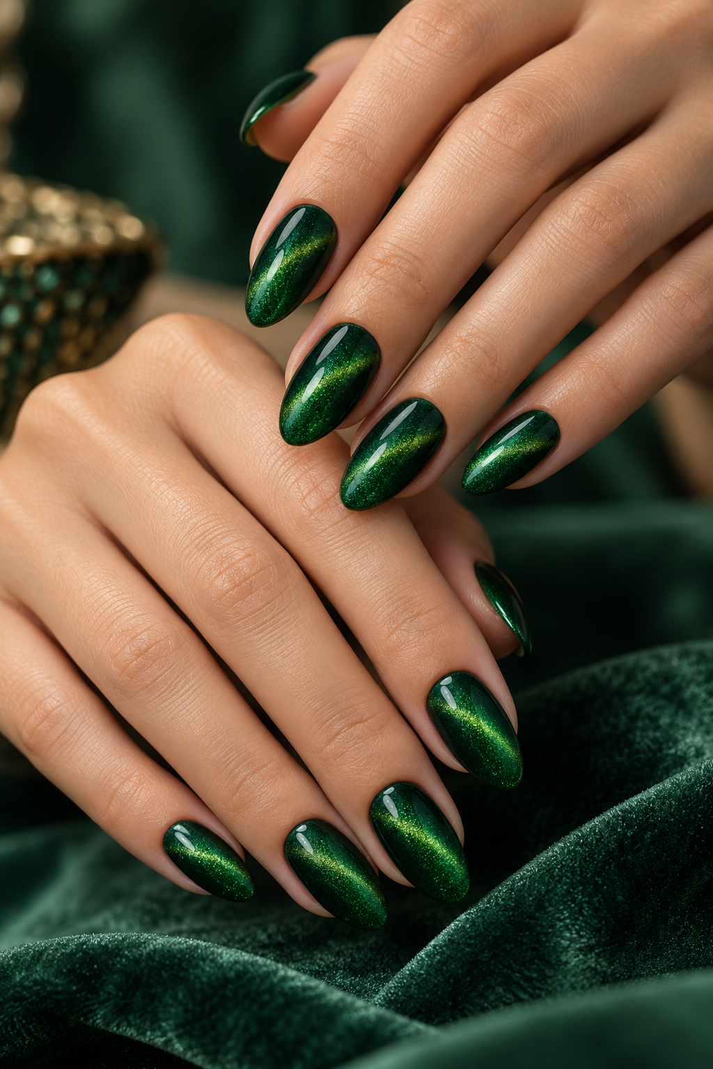 Green Velvet Cat-Eye st patricks day nail ideas