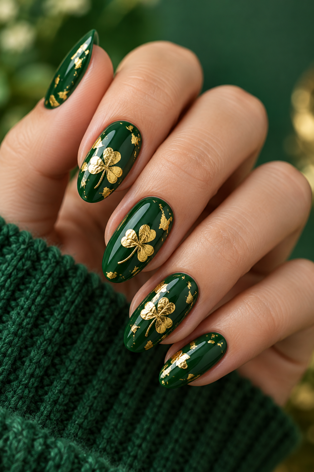 Gold Foil Clover st patricks day nail ideas