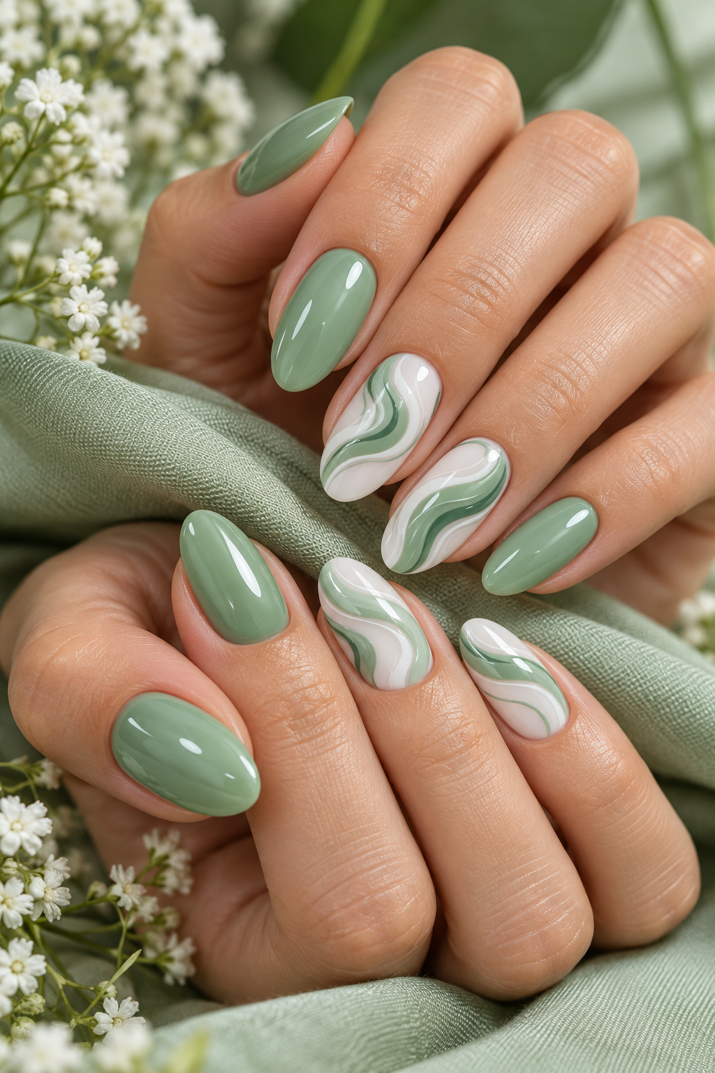 Mint and White Swirls st patricks day nail ideas