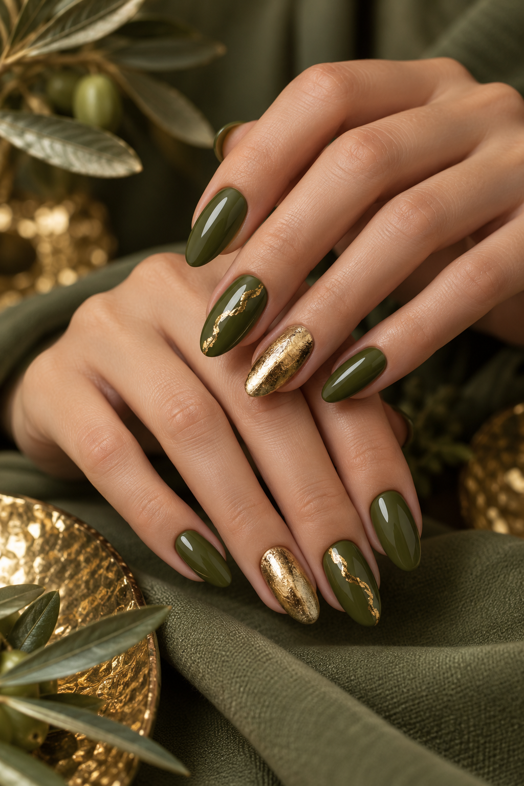 Olive and Gold Contrast st patricks day nail ideas