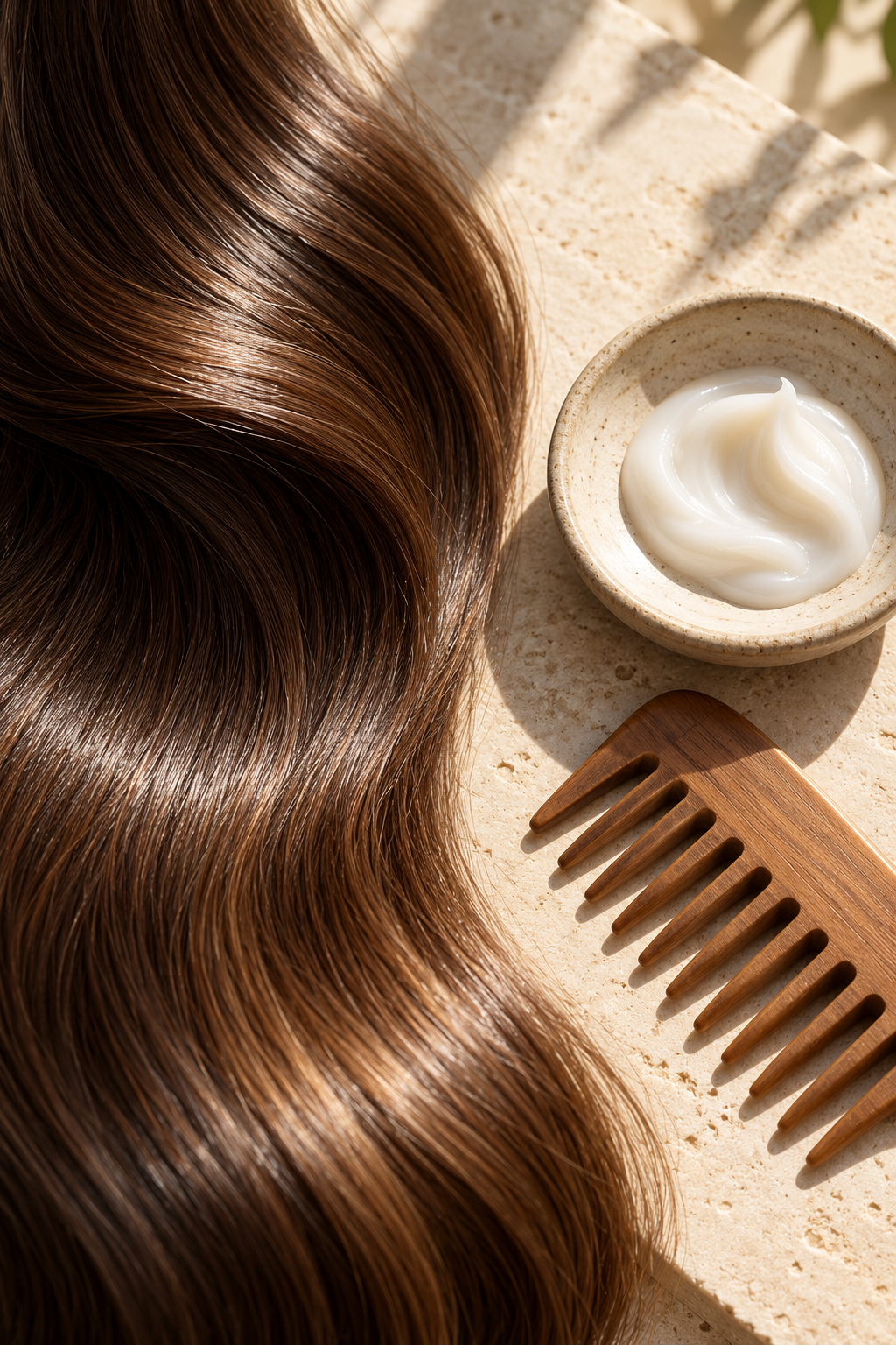 Hair feels waxy after washing: clean hair and comb editorial visual