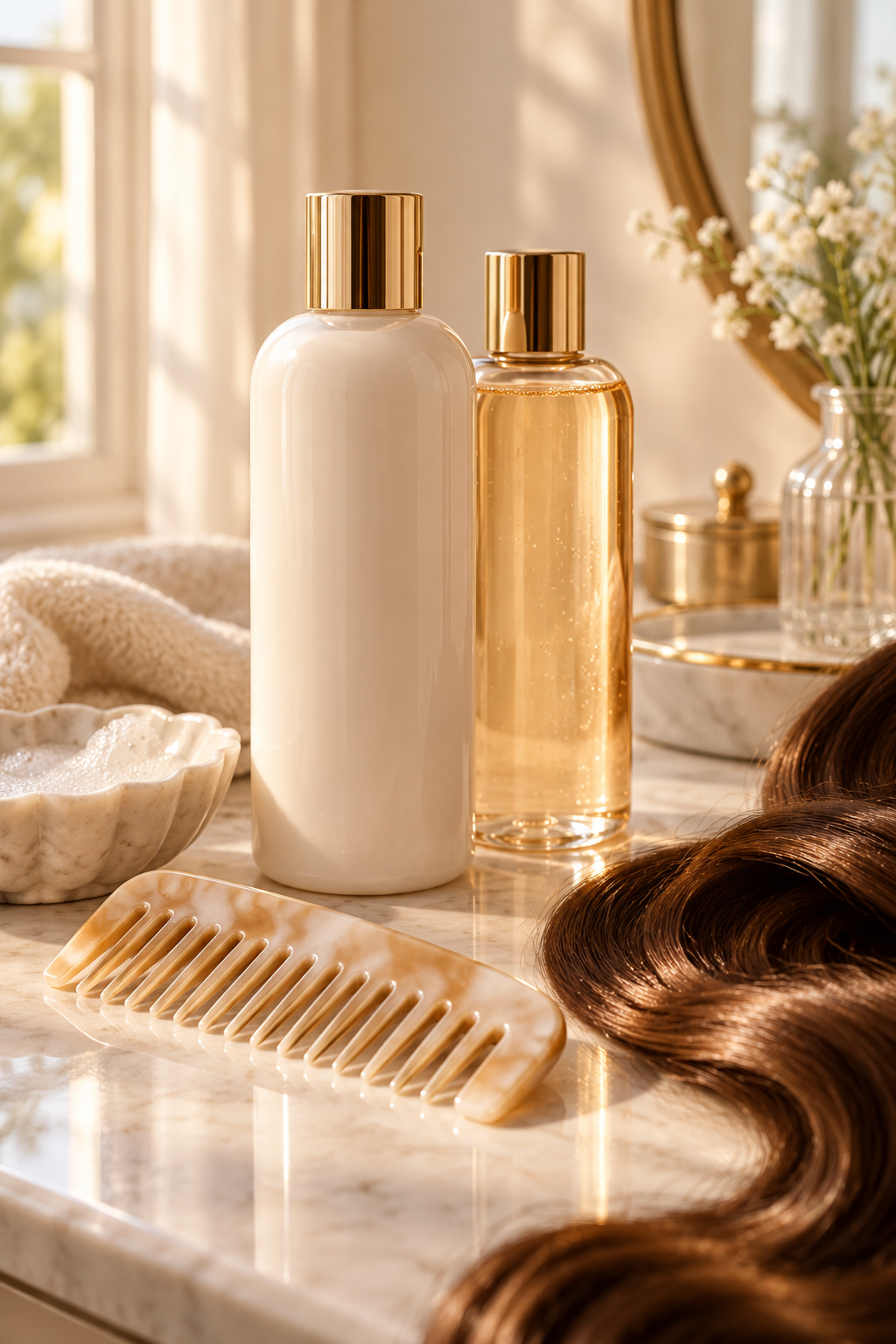 Hair care products and glossy hair editorial still life